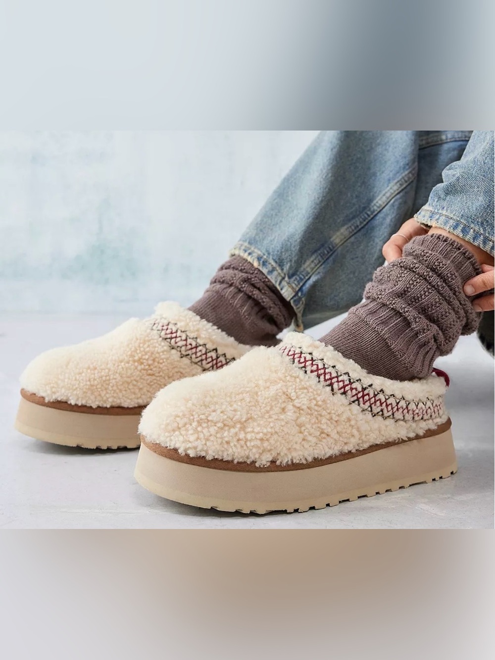 UGG Natural Tazz Fluffy Braided Slippers platform in cream